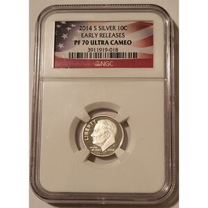 2014 S Silver Roosevelt Dime Proof PF70 UC NGC Early Releases Flag Label